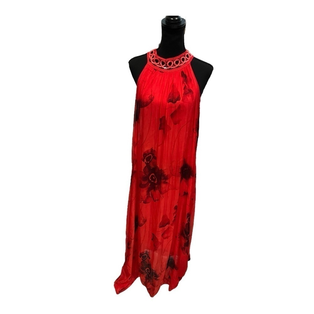 NT by Amati Red Floral Silk Blend Maxi Dress Medium